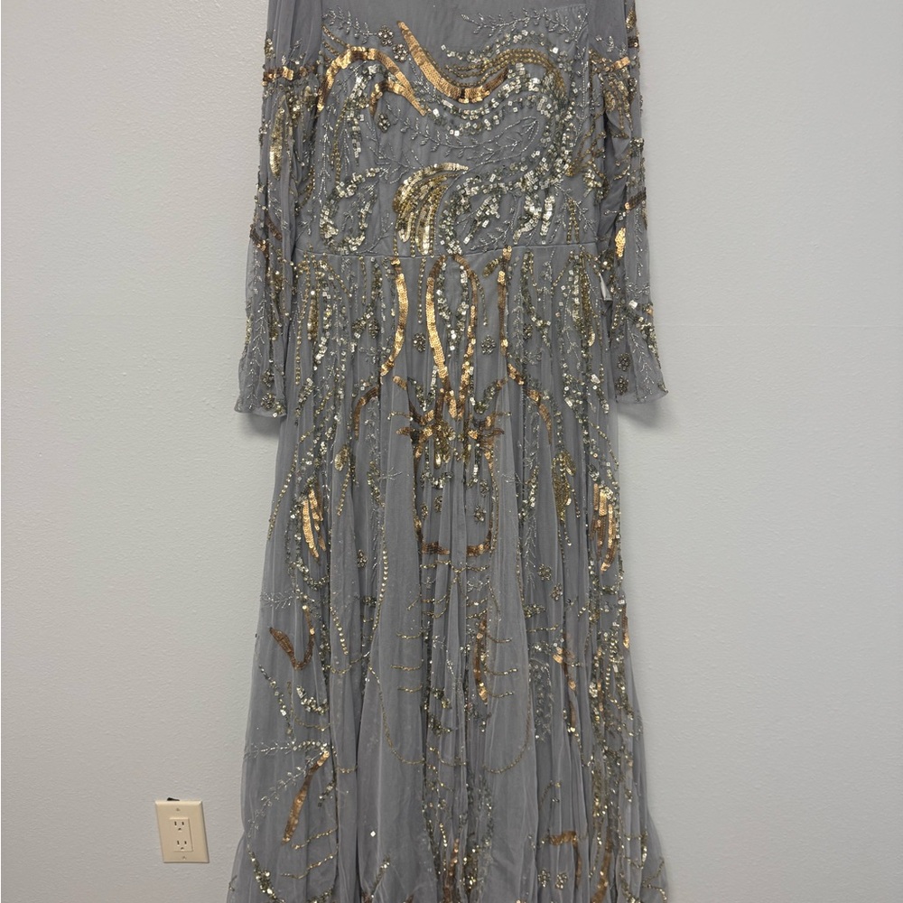 Mac Duggal Elegant Gray and Gold Embellished Evening Gown - Picture 3 of 7